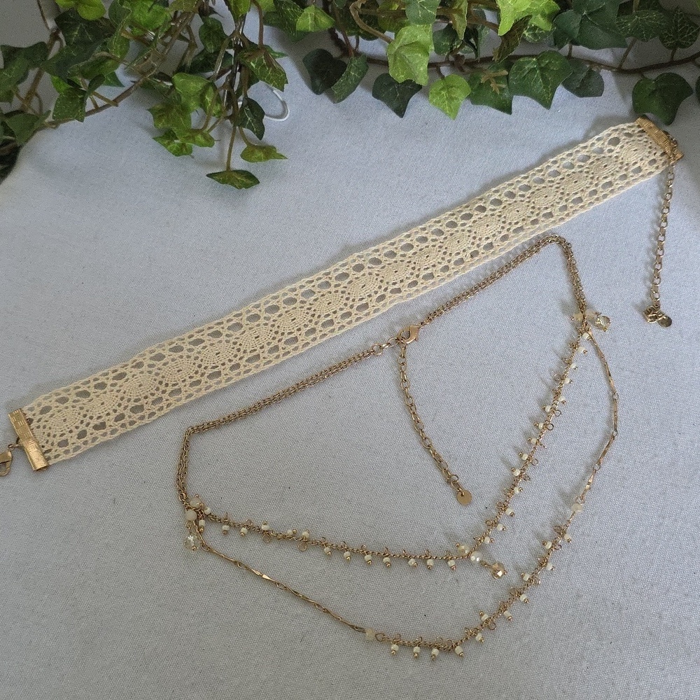 Double Choker Necklace Set Crochet and Double Strand Chain - Picture 5 of 11